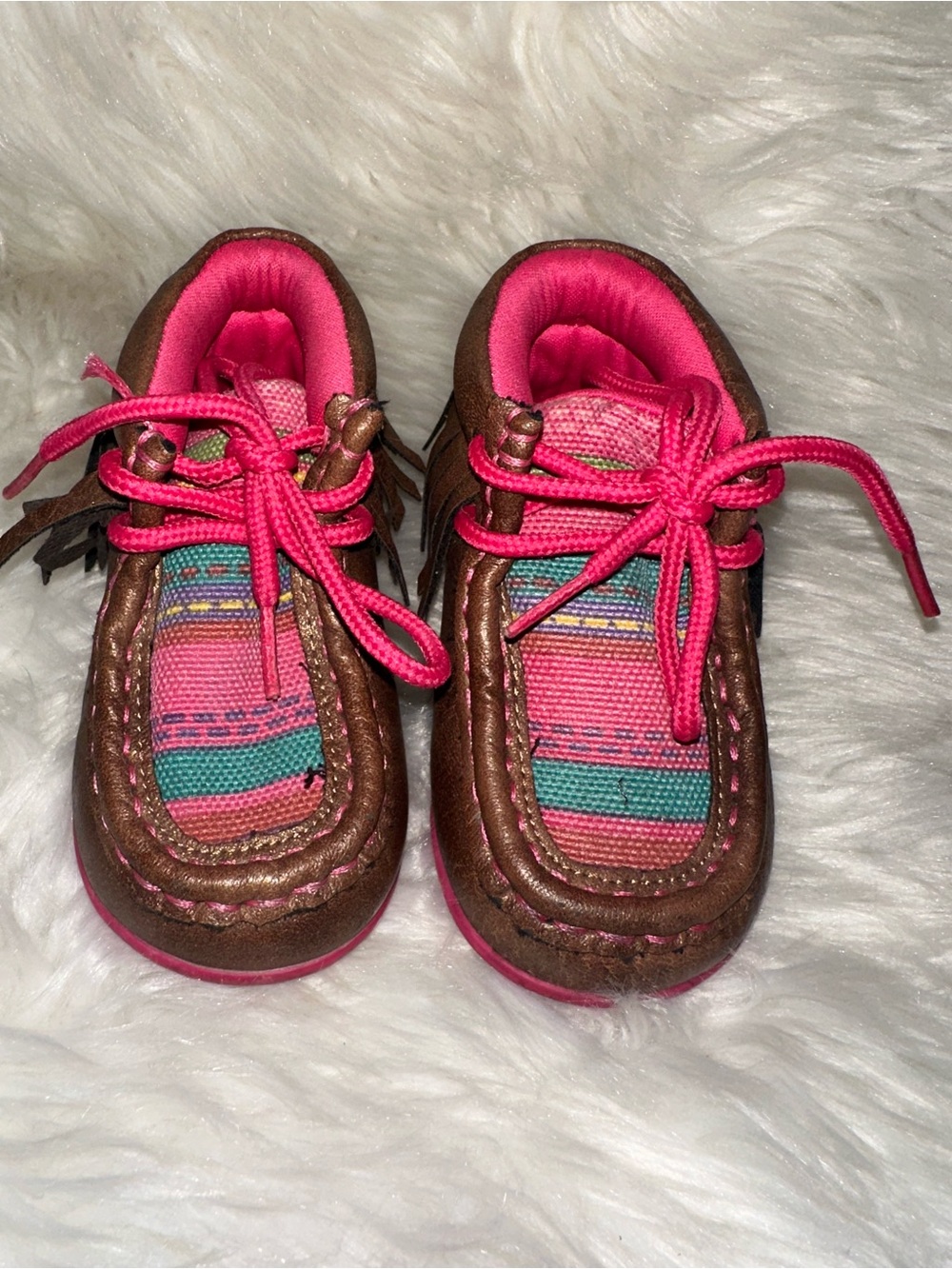 Twisted X Brown and Hot Pink Kids Moccasin Sneakers with Multicolor Textile
